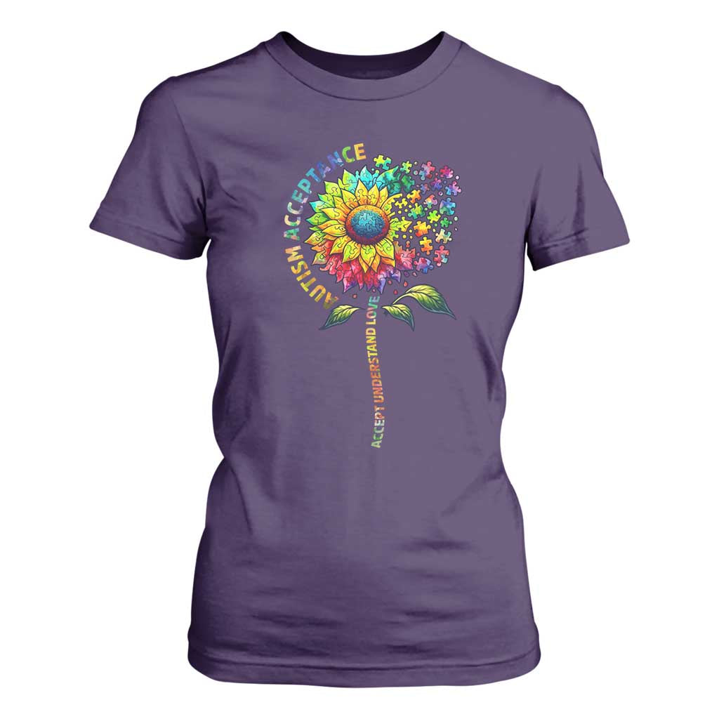 Autism Acceptance T Shirt For Women Accept Understand Love Sunflower Puzzle TS14 Purple Print Your Wear