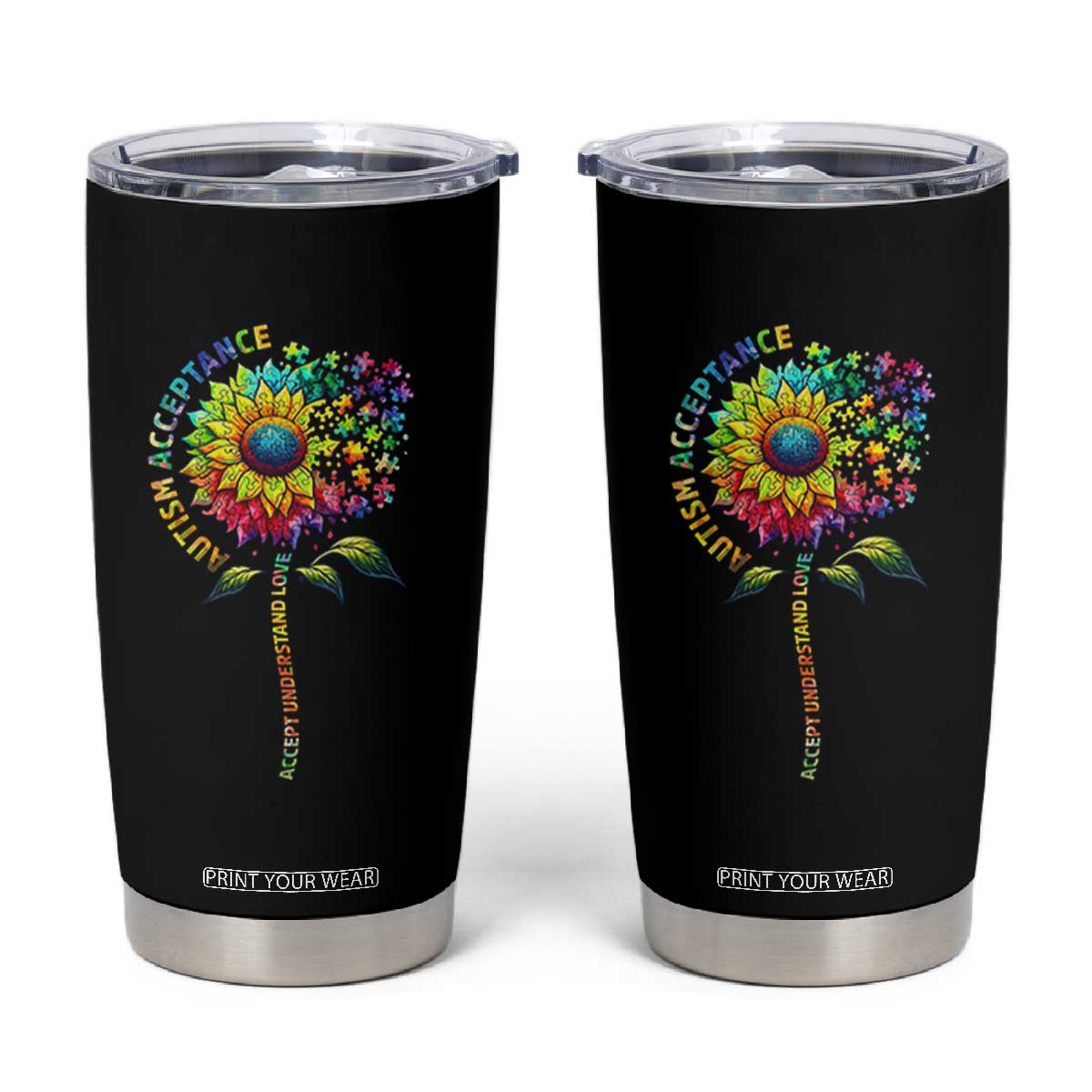 Autism Acceptance Tumbler Cup Accept Understand Love Sunflower Puzzle TS14 Black Print Your Wear