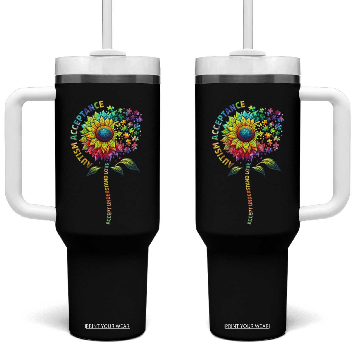Autism Acceptance Tumbler With Handle Accept Understand Love Sunflower Puzzle TS14 One Size: 40 oz Black Print Your Wear