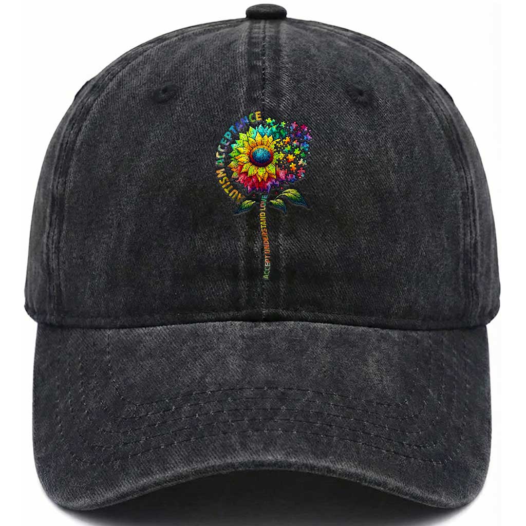 Autism Acceptance Washed Cotton Baseball Cap Accept Understand Love Sunflower Puzzle TS14 Print Your Wear
