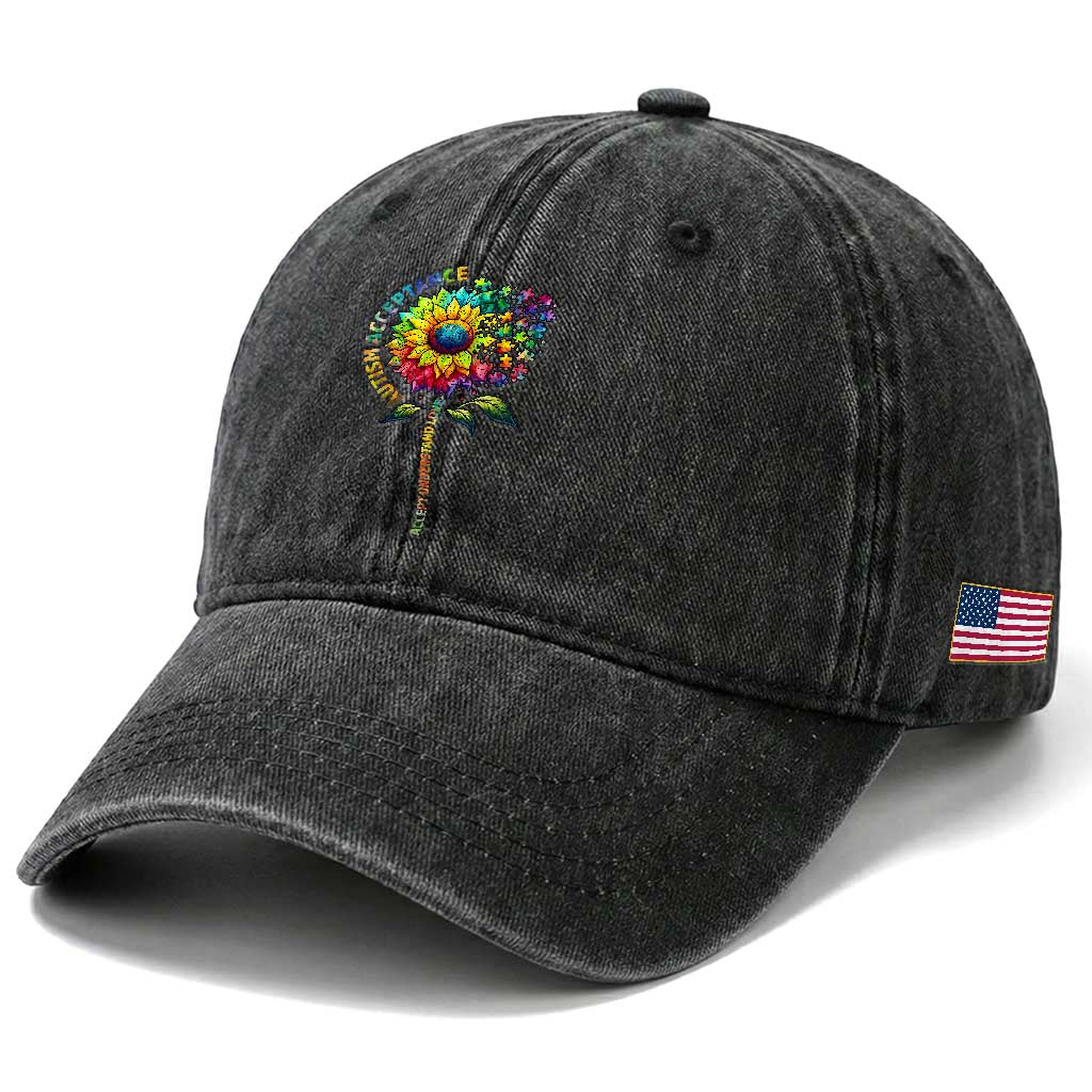 Autism Acceptance Washed Cotton Baseball Cap Accept Understand Love Sunflower Puzzle TS14 Print Your Wear