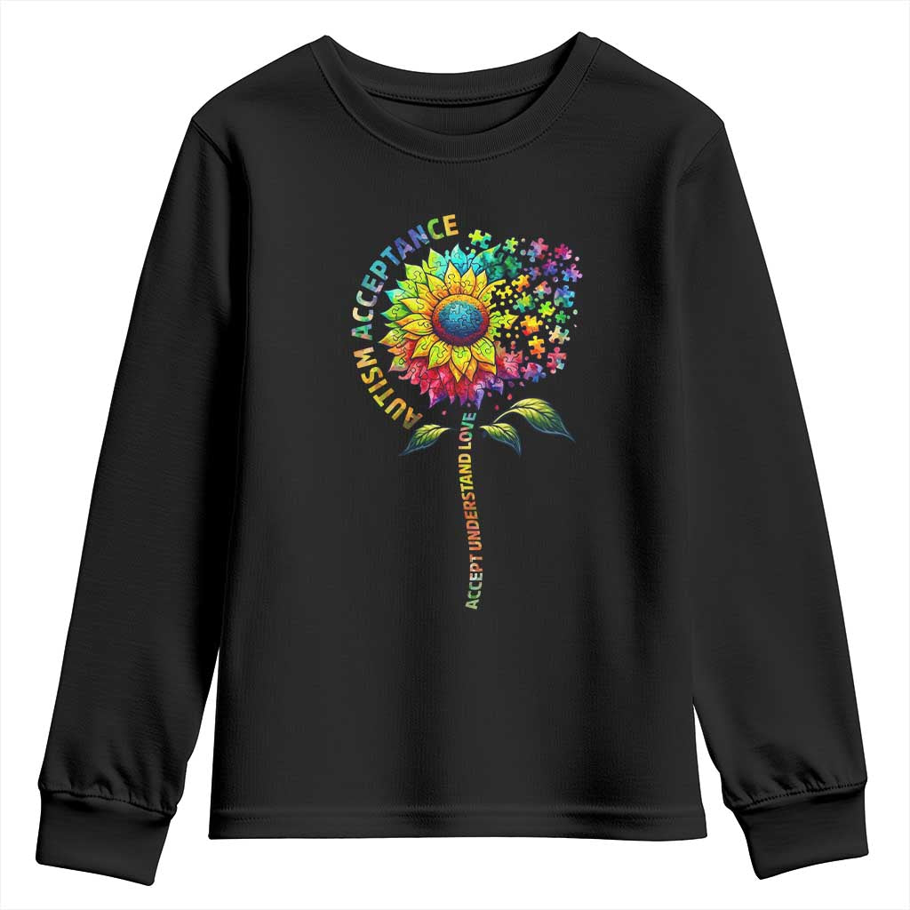 Autism Acceptance Youth Sweatshirt Accept Understand Love Sunflower Puzzle TS14 Black Print Your Wear