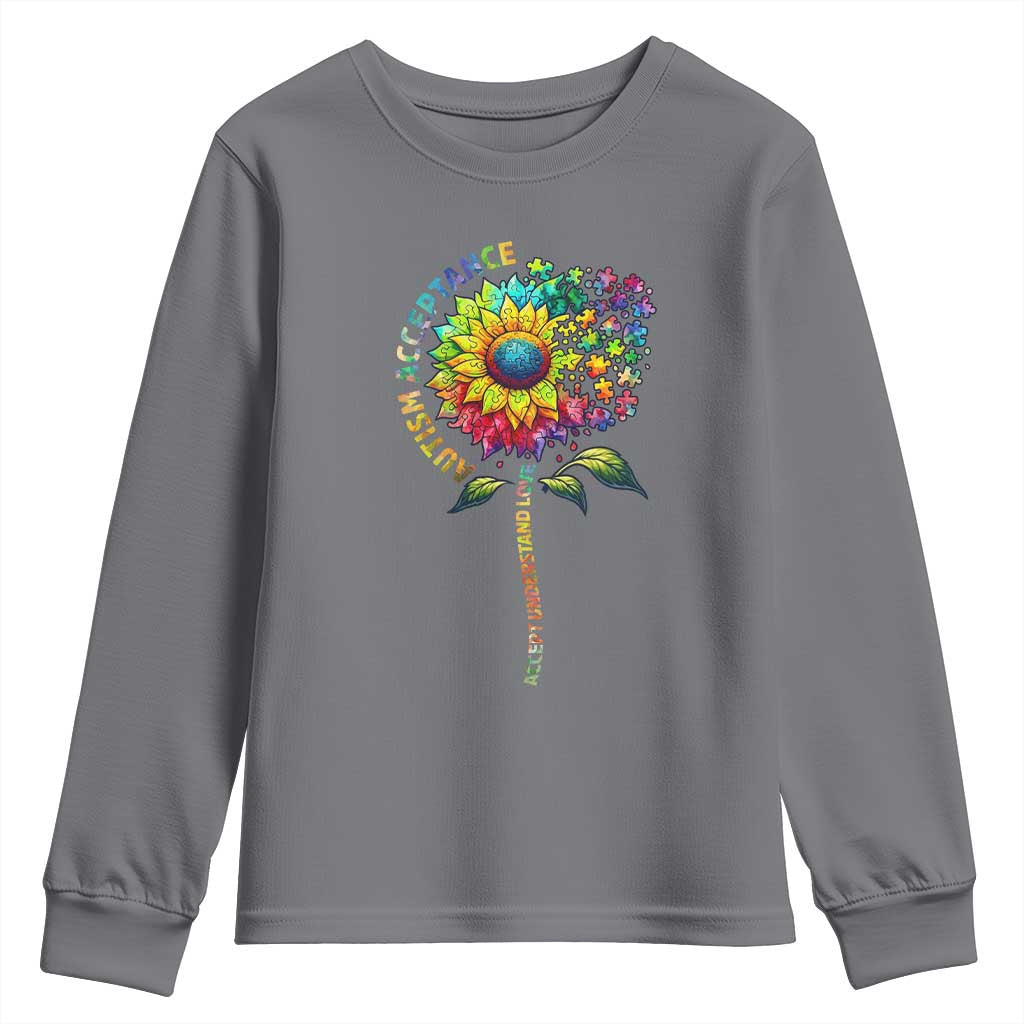 Autism Acceptance Youth Sweatshirt Accept Understand Love Sunflower Puzzle TS14 Charcoal Print Your Wear