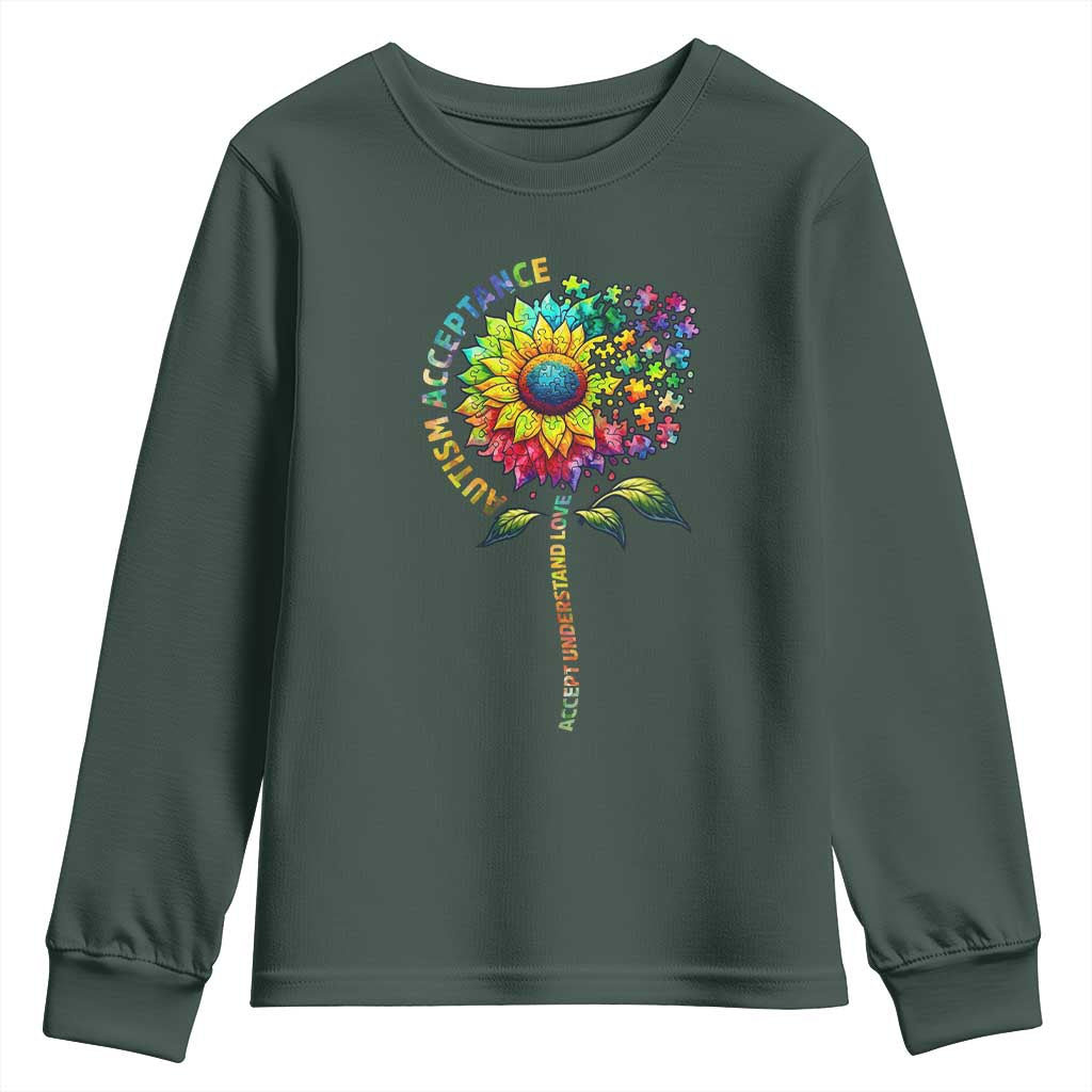 Autism Acceptance Youth Sweatshirt Accept Understand Love Sunflower Puzzle TS14 Dark Forest Green Print Your Wear