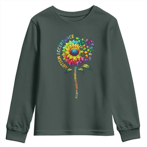 Autism Acceptance Youth Sweatshirt Accept Understand Love Sunflower Puzzle TS14 Dark Forest Green Print Your Wear
