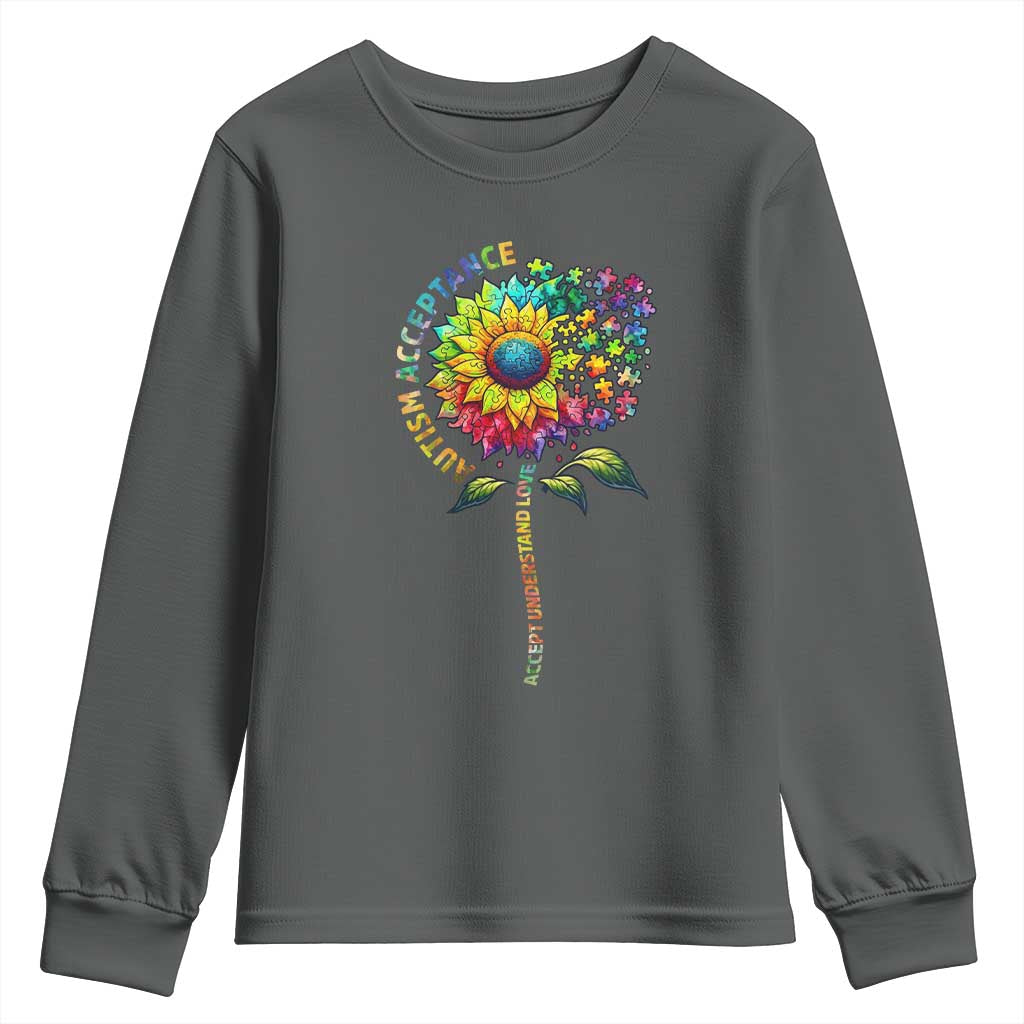 Autism Acceptance Youth Sweatshirt Accept Understand Love Sunflower Puzzle TS14 Dark Heather Print Your Wear