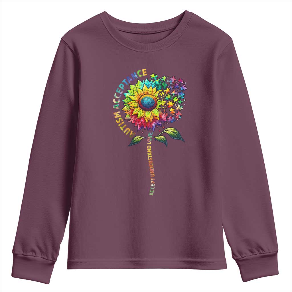Autism Acceptance Youth Sweatshirt Accept Understand Love Sunflower Puzzle TS14 Maroon Print Your Wear