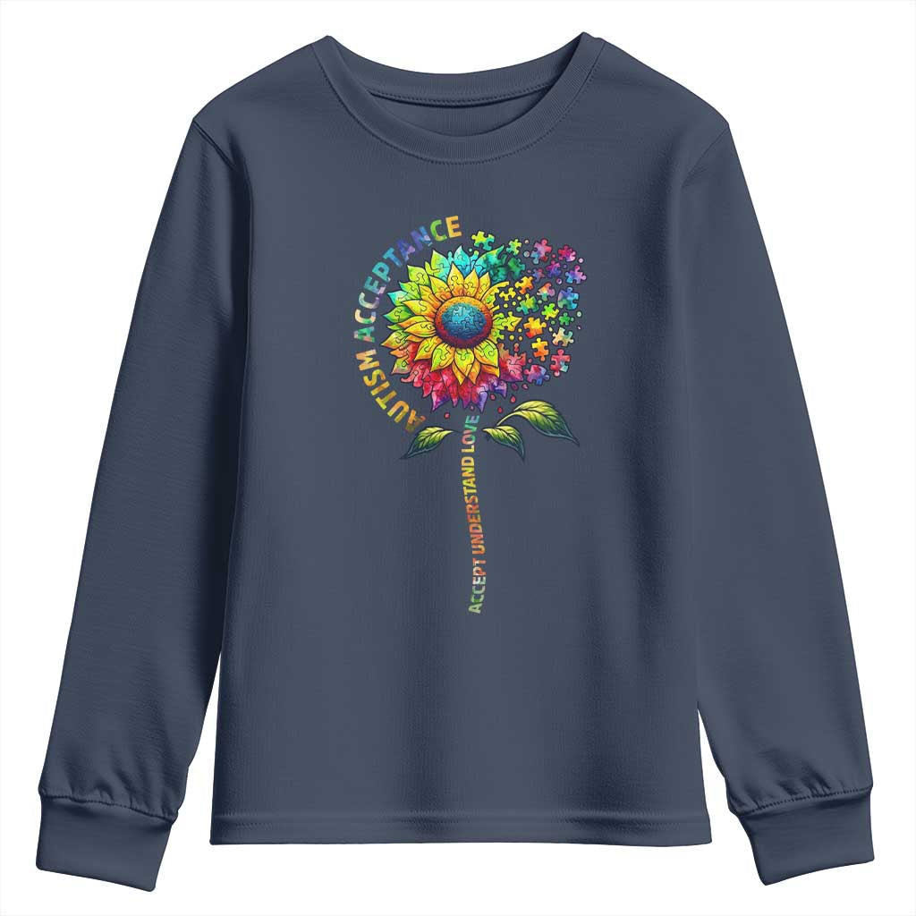 Autism Acceptance Youth Sweatshirt Accept Understand Love Sunflower Puzzle TS14 Navy Print Your Wear