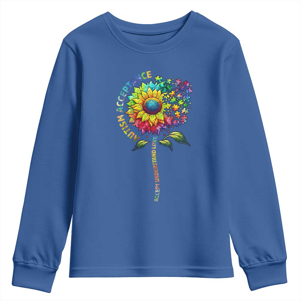 Autism Acceptance Youth Sweatshirt Accept Understand Love Sunflower Puzzle TS14 Royal Blue Print Your Wear