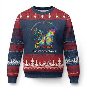 Autism Acceptance Ugly Christmas Sweater In A World Where You Can Be Anything Be Kind Butterfly Puzzle TS14 Navy Red Print Your Wear