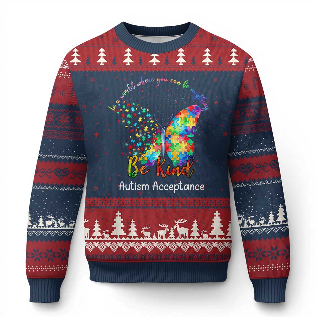 Autism Acceptance Ugly Christmas Sweater In A World Where You Can Be Anything Be Kind Butterfly Puzzle TS14 Navy Red Print Your Wear