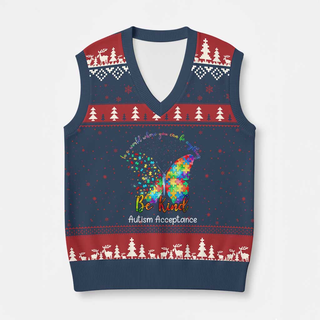 Autism Acceptance V-Neck Knit Sweater Vest In A World Where You Can Be Anything Be Kind Butterfly Puzzle TS14 Navy Red Print Your Wear