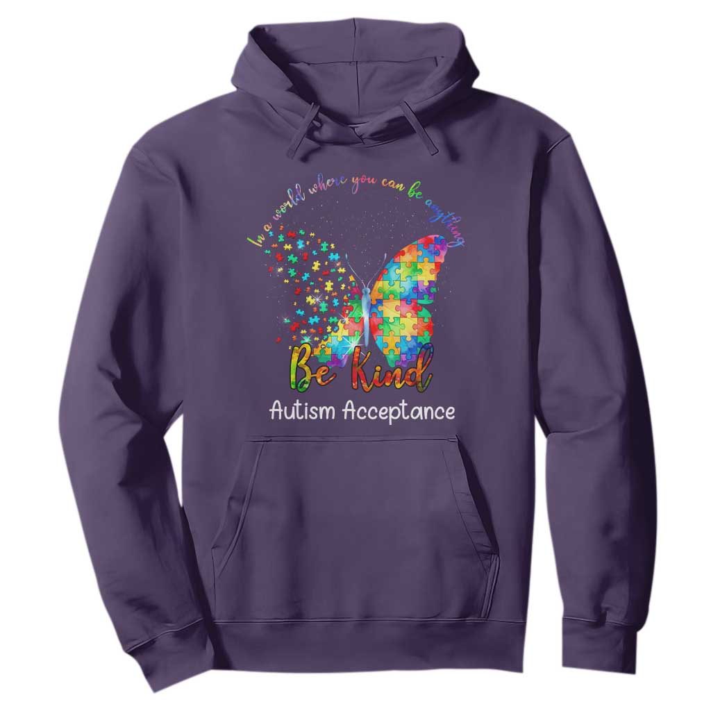 Autism Acceptance Hoodie In A World Where You Can Be Anything Be Kind Butterfly Puzzle TS14 Purple Print Your Wear