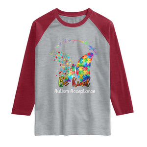 Autism Acceptance Raglan Shirt In A World Where You Can Be Anything Be Kind Butterfly Puzzle TS14 Heather Gray Heather Red Print Your Wear