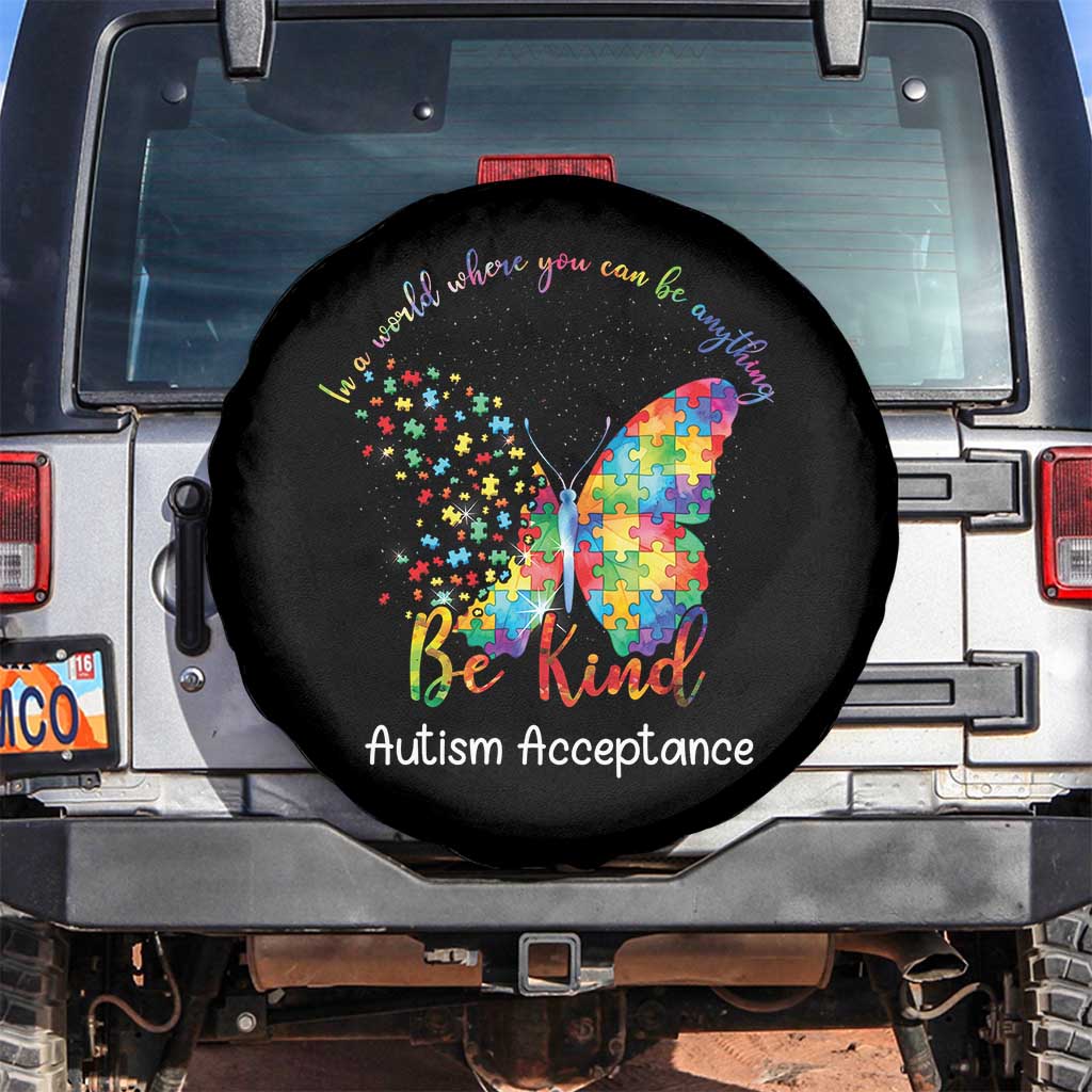 Autism Acceptance Spare Tire Cover In A World Where You Can Be Anything Be Kind Butterfly Puzzle TS14 No hole Black Print Your Wear