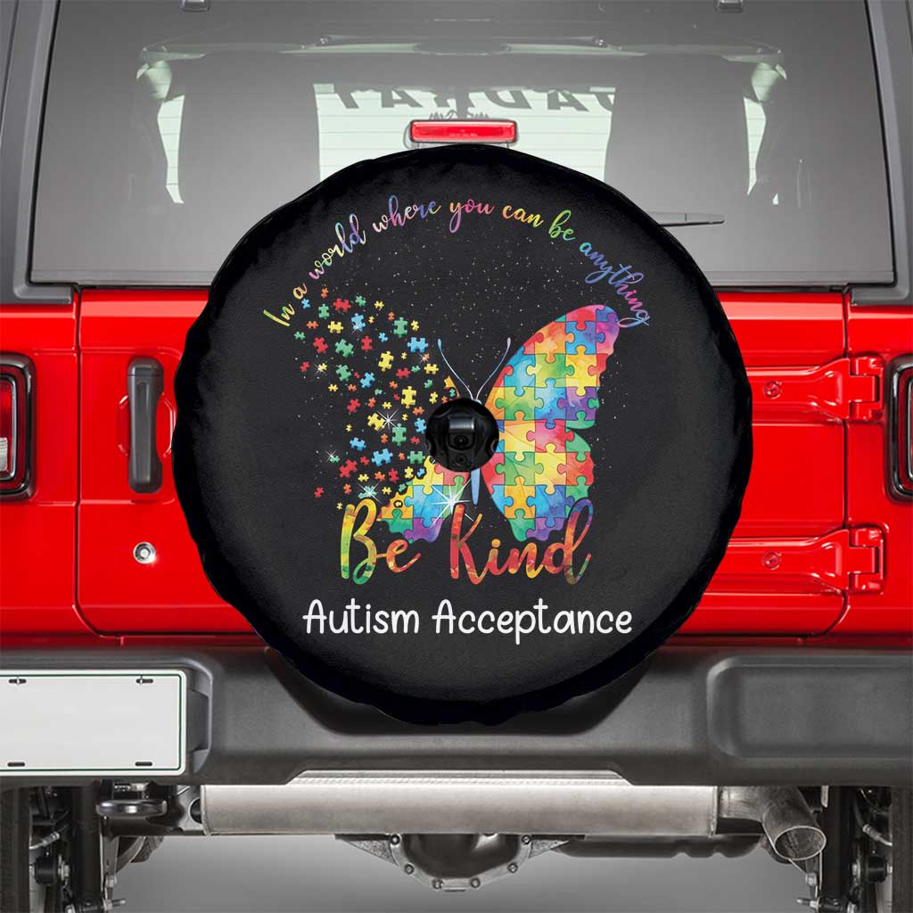 Autism Acceptance Spare Tire Cover In A World Where You Can Be Anything Be Kind Butterfly Puzzle TS14 Black Print Your Wear