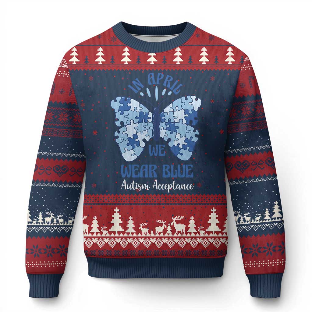 Autism Acceptance Ugly Christmas Sweater In April We Wear Blue Special Education Teacher TS14 Navy Red Print Your Wear