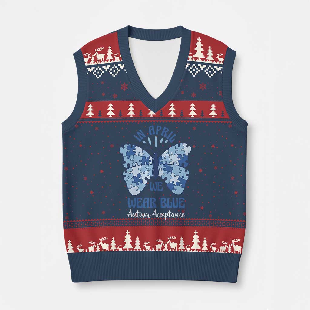 Autism Acceptance V-Neck Knit Sweater Vest In April We Wear Blue Special Education Teacher TS14 Navy Red Print Your Wear
