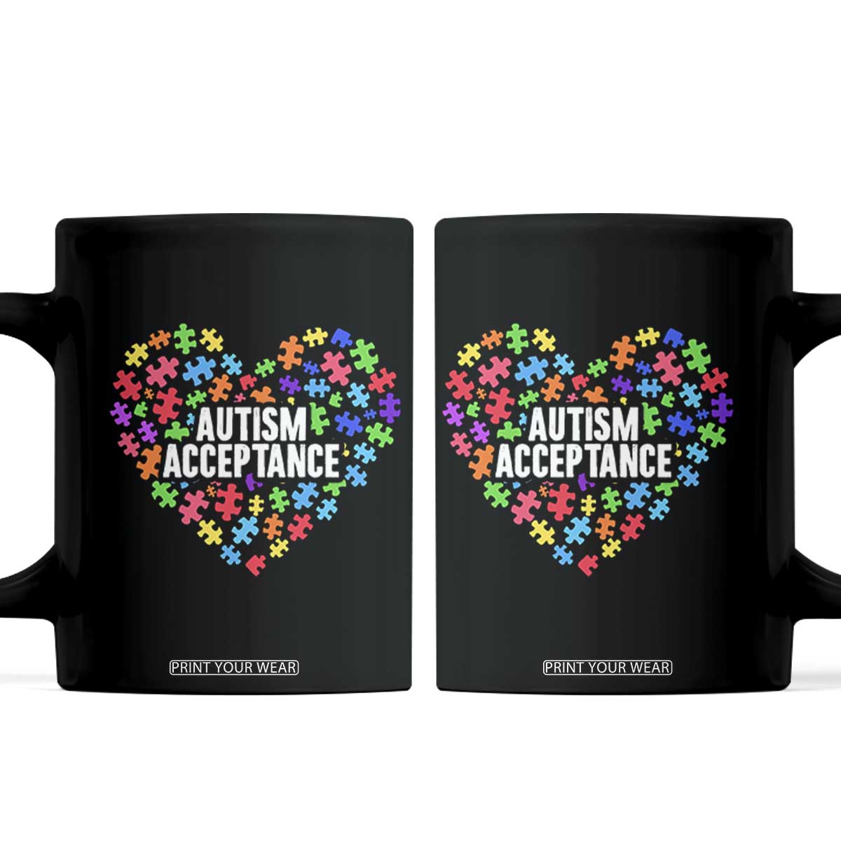 Autism Acceptance Coffee Mug Love Heart Puzzle Piece Gift TS14 Black Print Your Wear