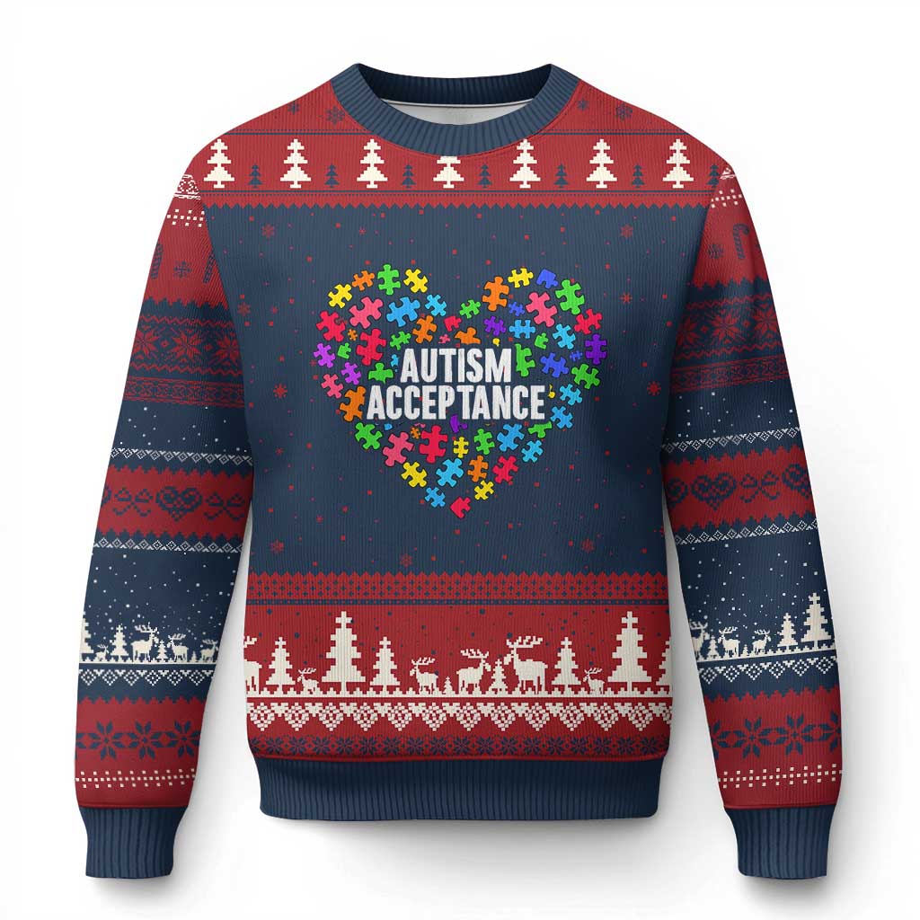 Autism Acceptance Ugly Christmas Sweater Love Heart Puzzle Piece Gift TS14 Navy Red Print Your Wear