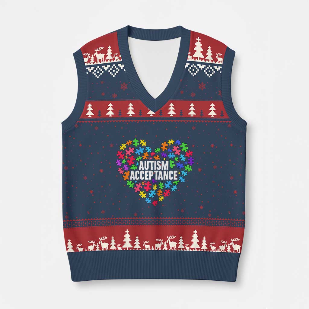 Autism Acceptance V-Neck Knit Sweater Vest Love Heart Puzzle Piece Gift TS14 Navy Red Print Your Wear