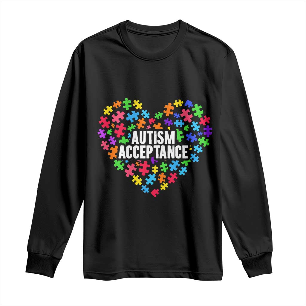 Autism Acceptance Long Sleeve Shirt Love Heart Puzzle Piece Gift TS14 Black Print Your Wear