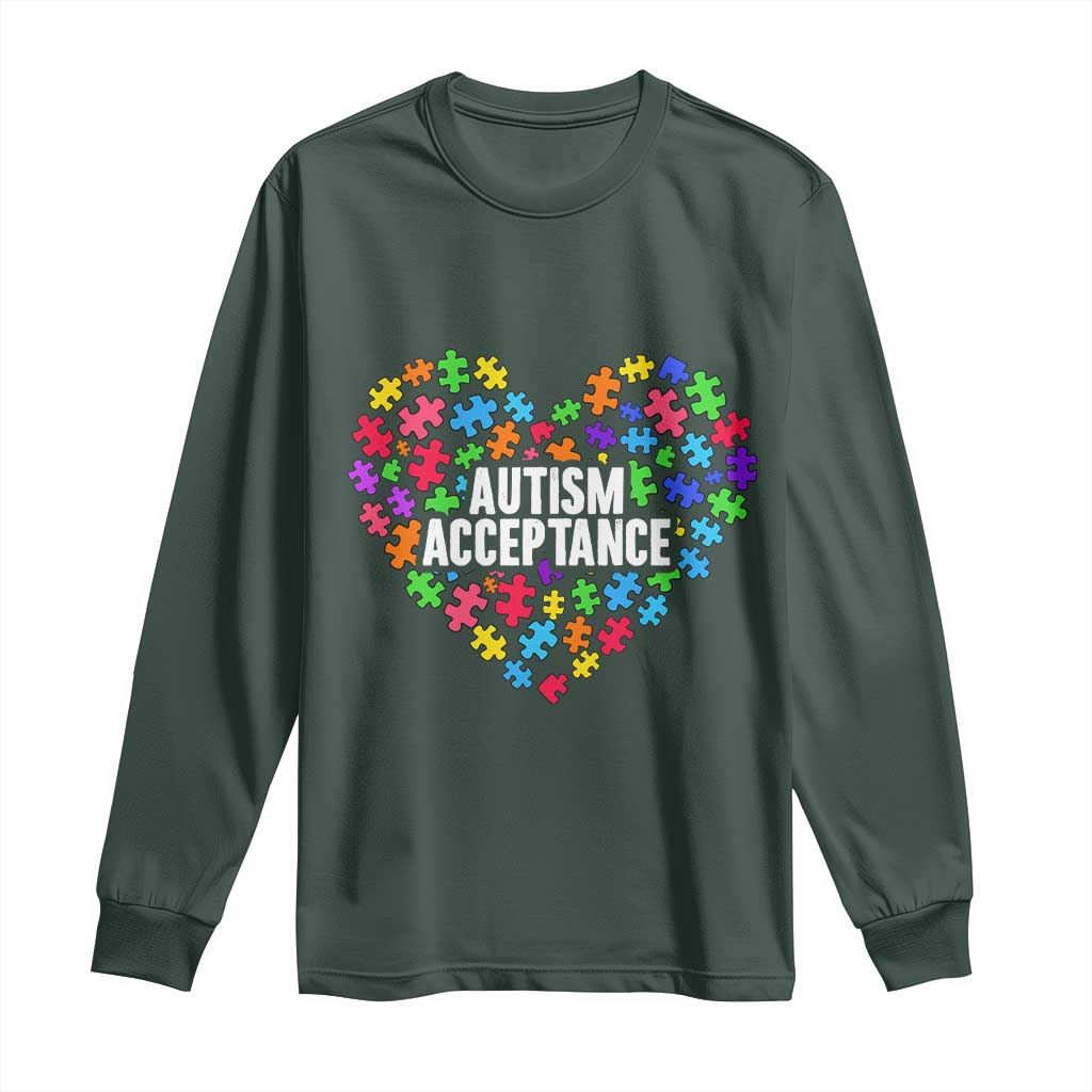 Autism Acceptance Long Sleeve Shirt Love Heart Puzzle Piece Gift TS14 Dark Forest Green Print Your Wear