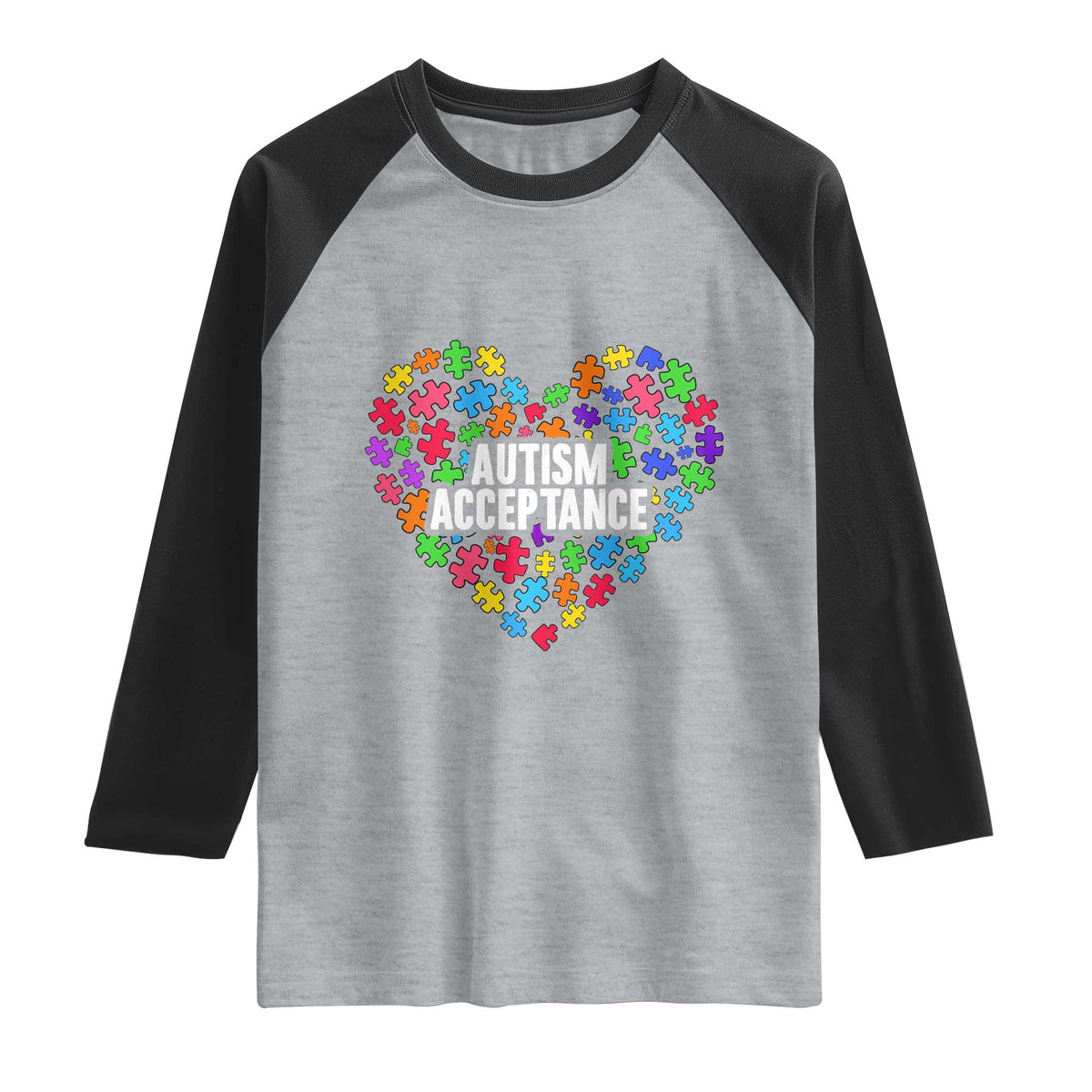 Autism Acceptance Raglan Shirt Love Heart Puzzle Piece Gift TS14 Heather Gray Black Print Your Wear