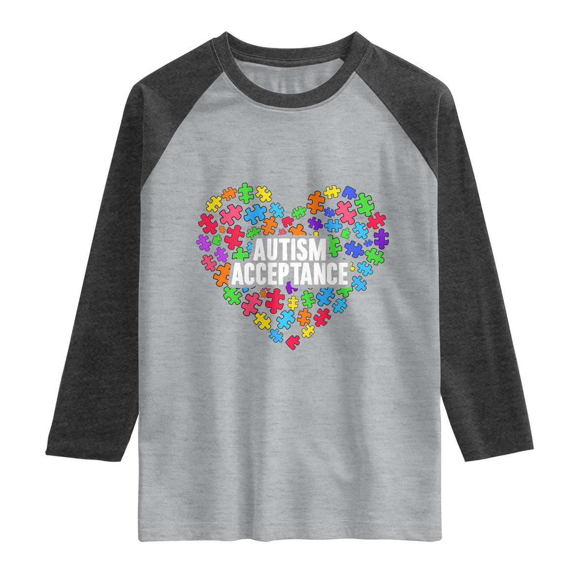 Autism Acceptance Raglan Shirt Love Heart Puzzle Piece Gift TS14 Heather Gray Heather Charcoal Print Your Wear