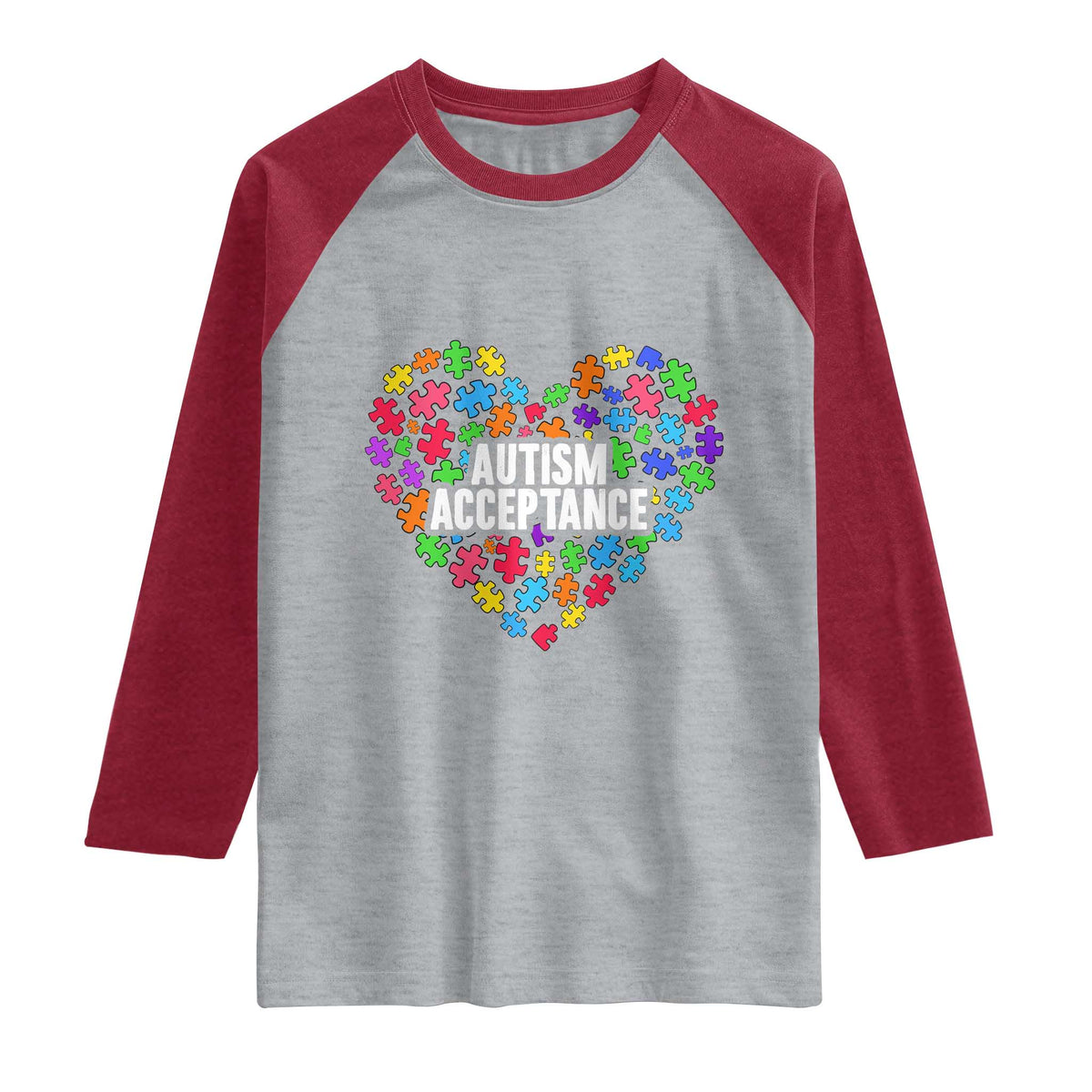 Autism Acceptance Raglan Shirt Love Heart Puzzle Piece Gift TS14 Heather Gray Heather Red Print Your Wear
