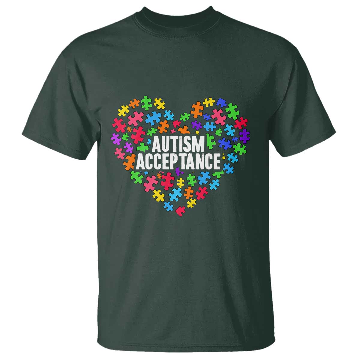Autism Acceptance T Shirt Love Heart Puzzle Piece Gift TS14 Dark Forest Green Print Your Wear