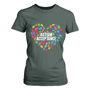 Autism Acceptance T Shirt For Women Love Heart Puzzle Piece Gift TS14 Dark Forest Green Print Your Wear