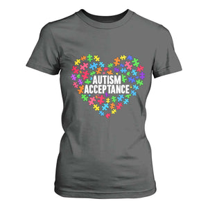 Autism Acceptance T Shirt For Women Love Heart Puzzle Piece Gift TS14 Dark Heather Print Your Wear