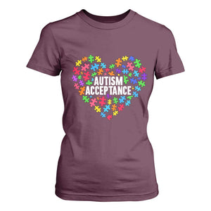 Autism Acceptance T Shirt For Women Love Heart Puzzle Piece Gift TS14 Maroon Print Your Wear
