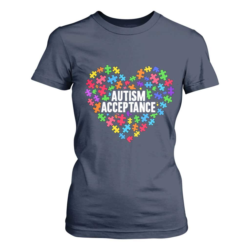 Autism Acceptance T Shirt For Women Love Heart Puzzle Piece Gift TS14 Navy Print Your Wear