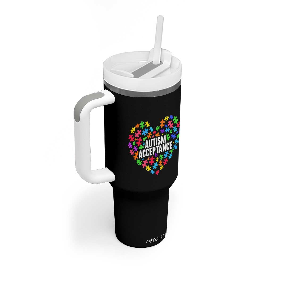 Autism Acceptance Tumbler With Handle Love Heart Puzzle Piece Gift TS14 Print Your Wear