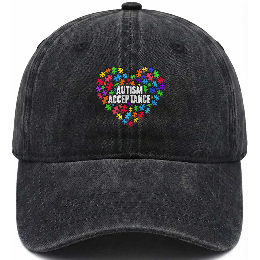 Autism Acceptance Washed Cotton Baseball Cap Love Heart Puzzle Piece Gift TS14 Print Your Wear