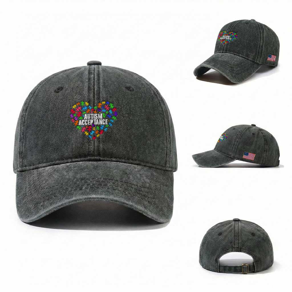 Autism Acceptance Washed Cotton Baseball Cap Love Heart Puzzle Piece Gift TS14 Washed Cap Universal Fit Dark Green Print Your Wear