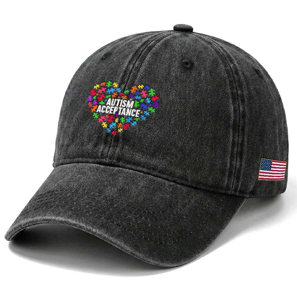 Autism Acceptance Washed Cotton Baseball Cap Love Heart Puzzle Piece Gift TS14 Print Your Wear