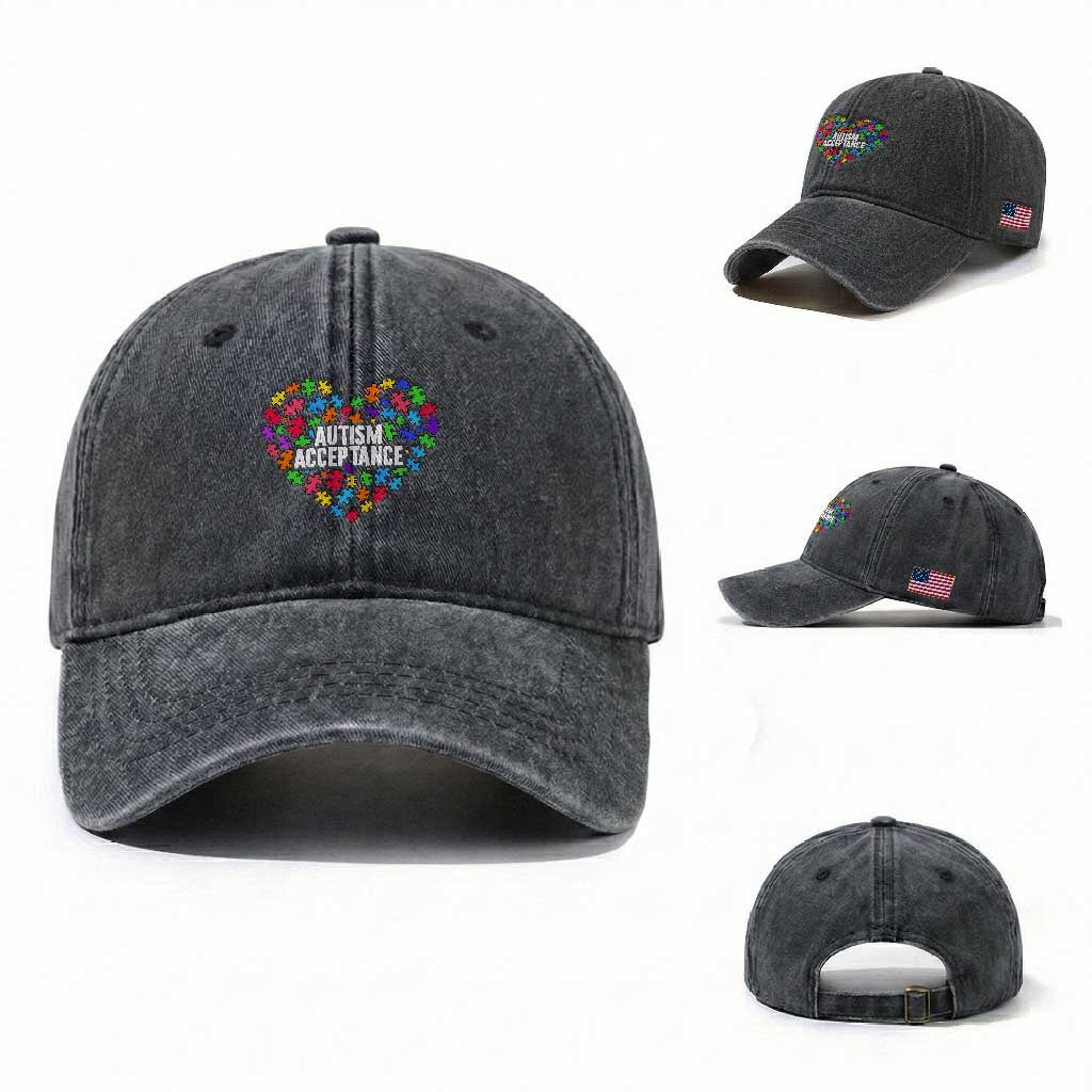 Autism Acceptance Washed Cotton Baseball Cap Love Heart Puzzle Piece Gift TS14 Washed Cap Universal Fit Dark Gray Print Your Wear
