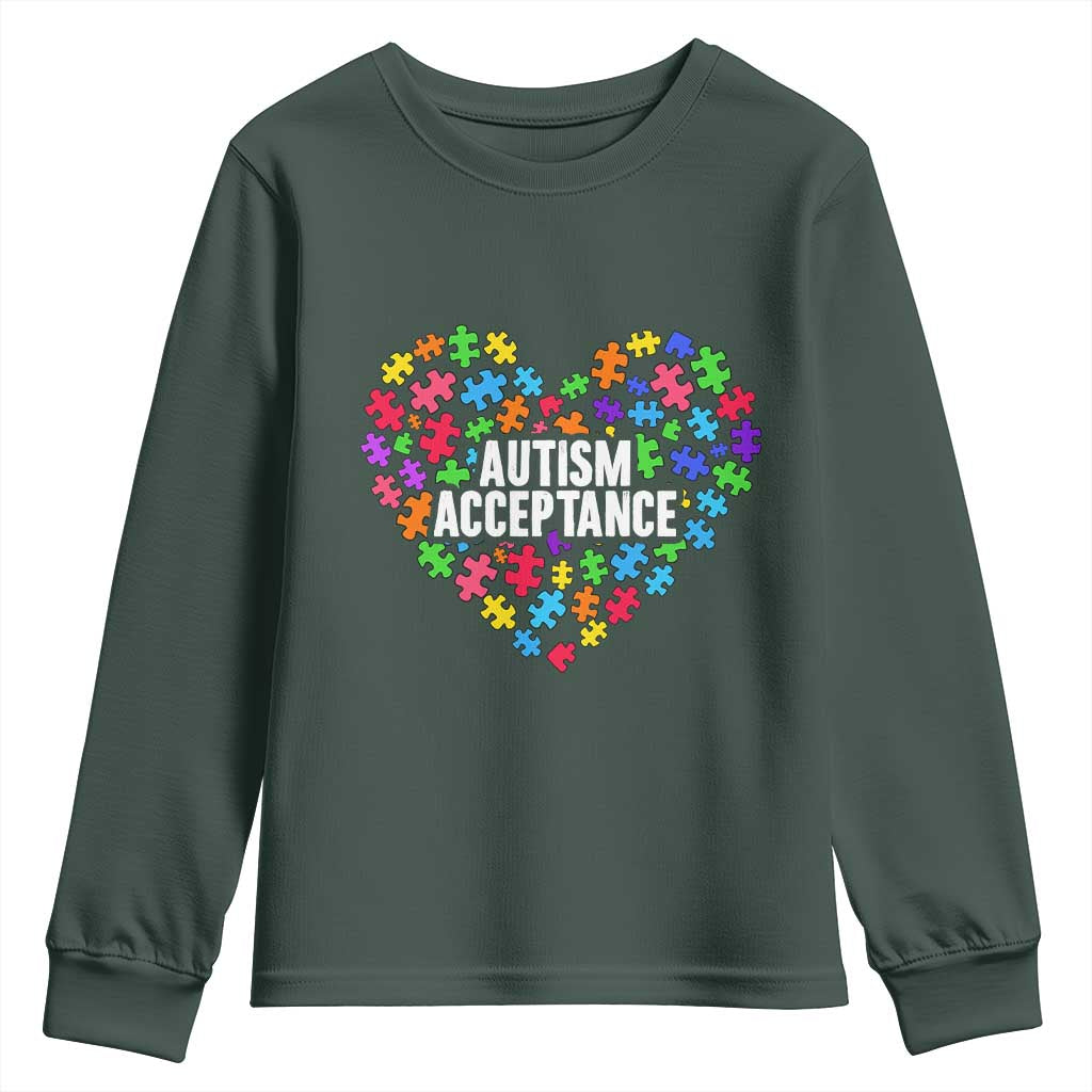 Autism Acceptance Youth Sweatshirt Love Heart Puzzle Piece Gift TS14 Dark Forest Green Print Your Wear