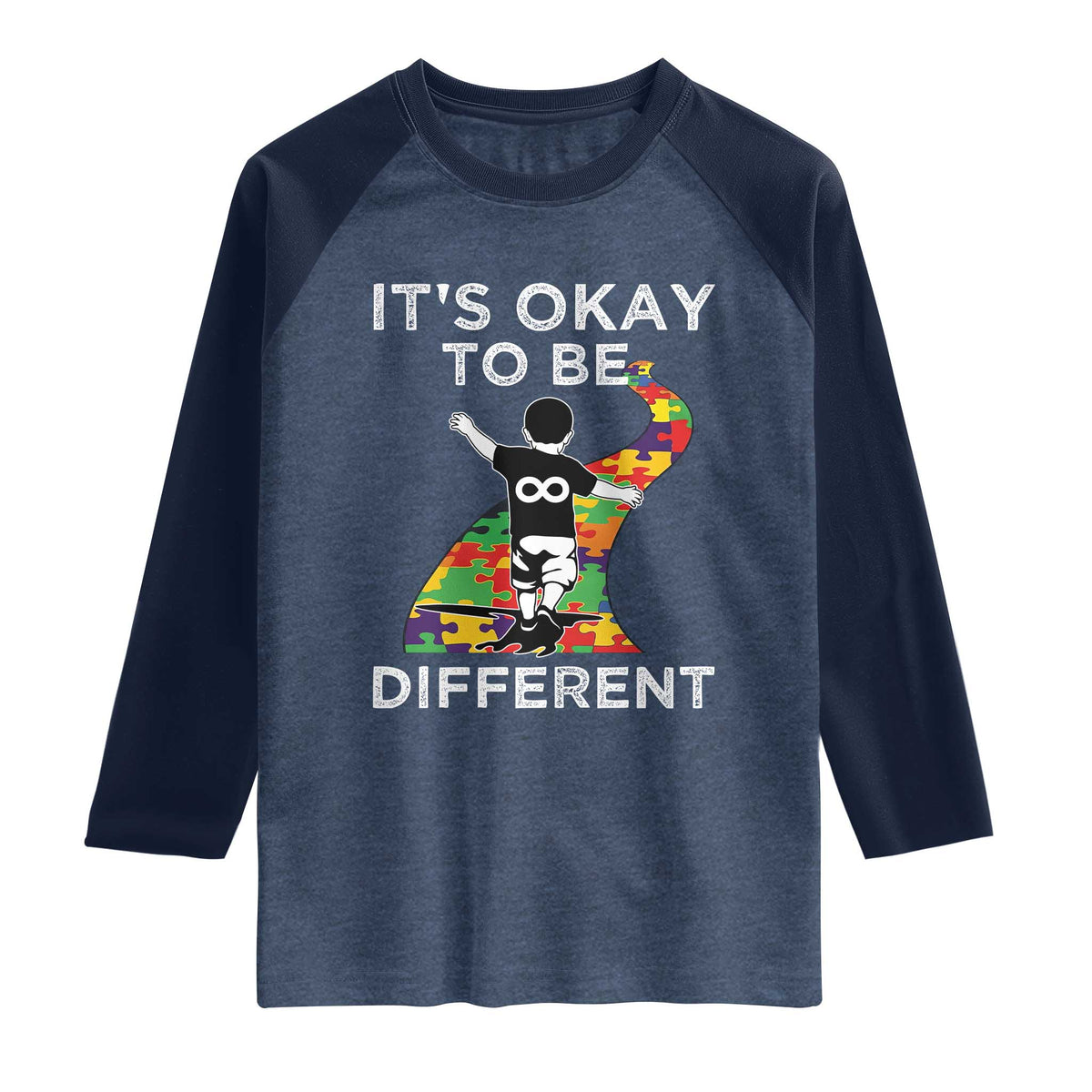 Autism Acceptance Raglan Shirt It's Okay To Be Different TS14 Heather Denim Navy Print Your Wear