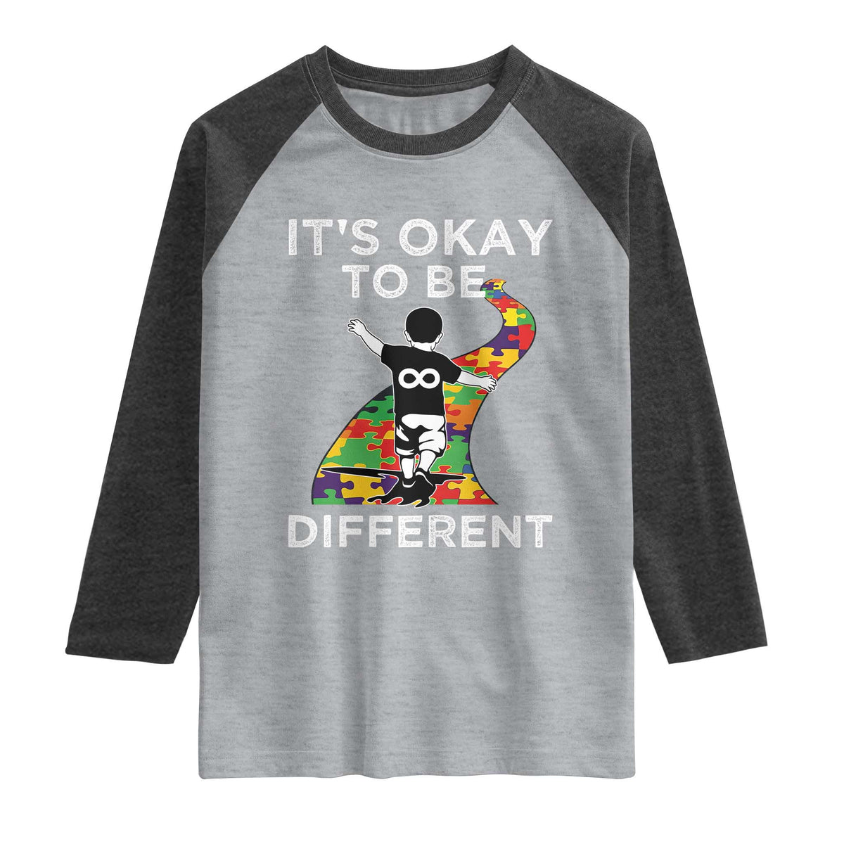 Autism Acceptance Raglan Shirt It's Okay To Be Different TS14 Heather Gray Heather Charcoal Print Your Wear