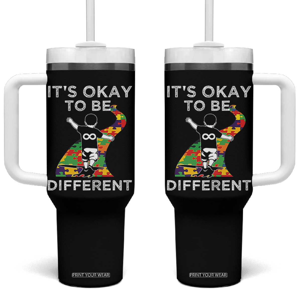 Autism Acceptance Tumbler With Handle It's Okay To Be Different TS14 One Size: 40 oz Black Print Your Wear