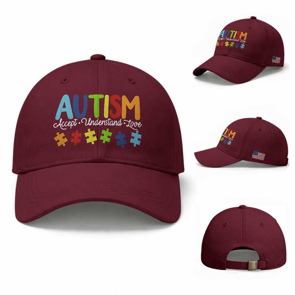 Autism Acceptance Baseball Cap Accept Understand Love Special Education Teacher Gift TS14 Baseball Cap Universal Fit Maroon Print Your Wear