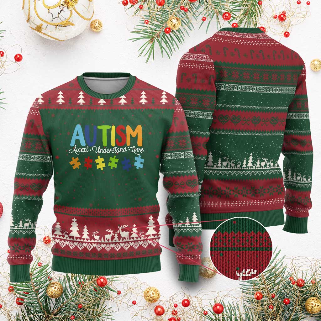 Autism Acceptance Ugly Christmas Sweater Accept Understand Love Special Education Teacher Gift TS14 Red Green Print Your Wear