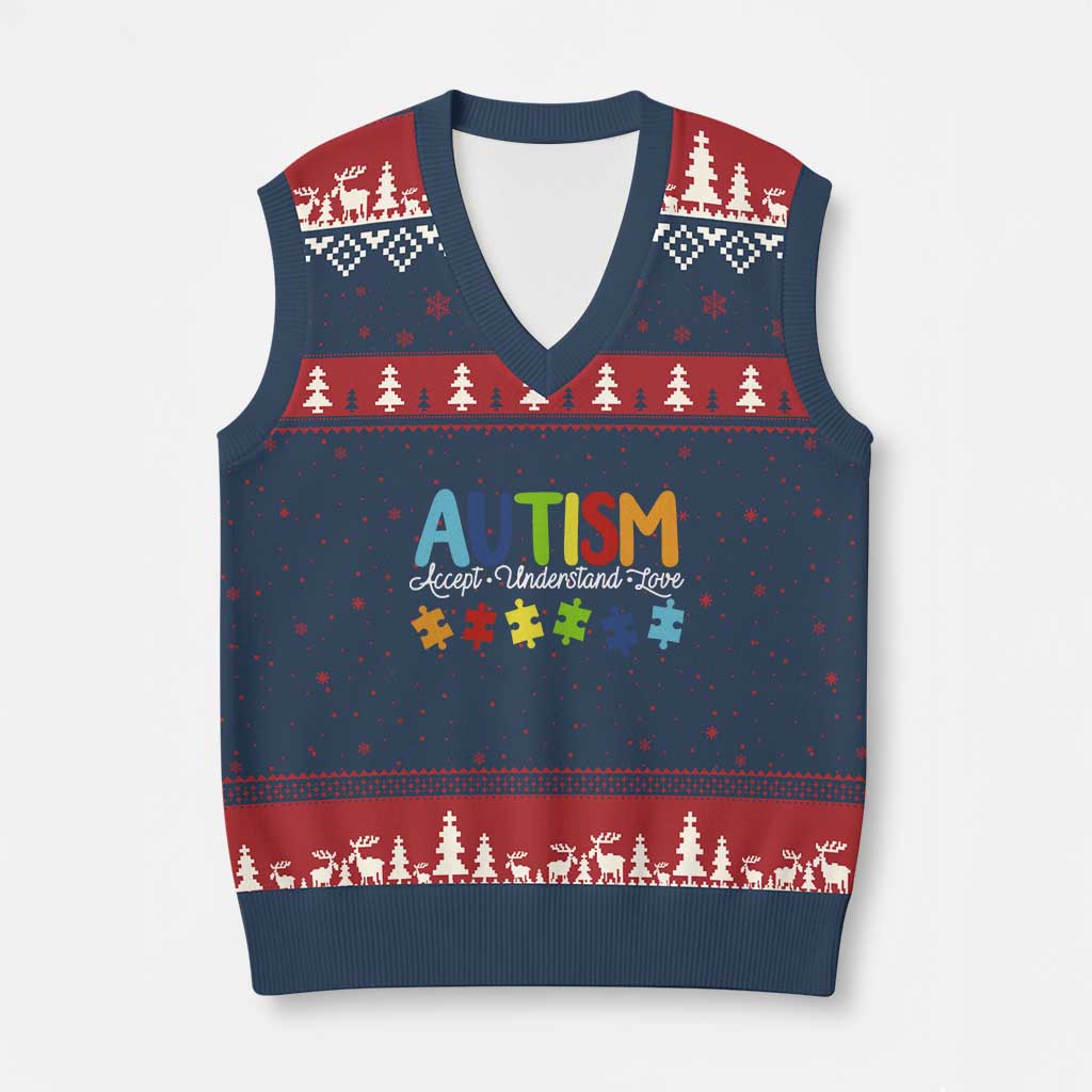Autism Acceptance V-Neck Knit Sweater Vest Accept Understand Love Special Education Teacher Gift TS14 Navy Red Print Your Wear