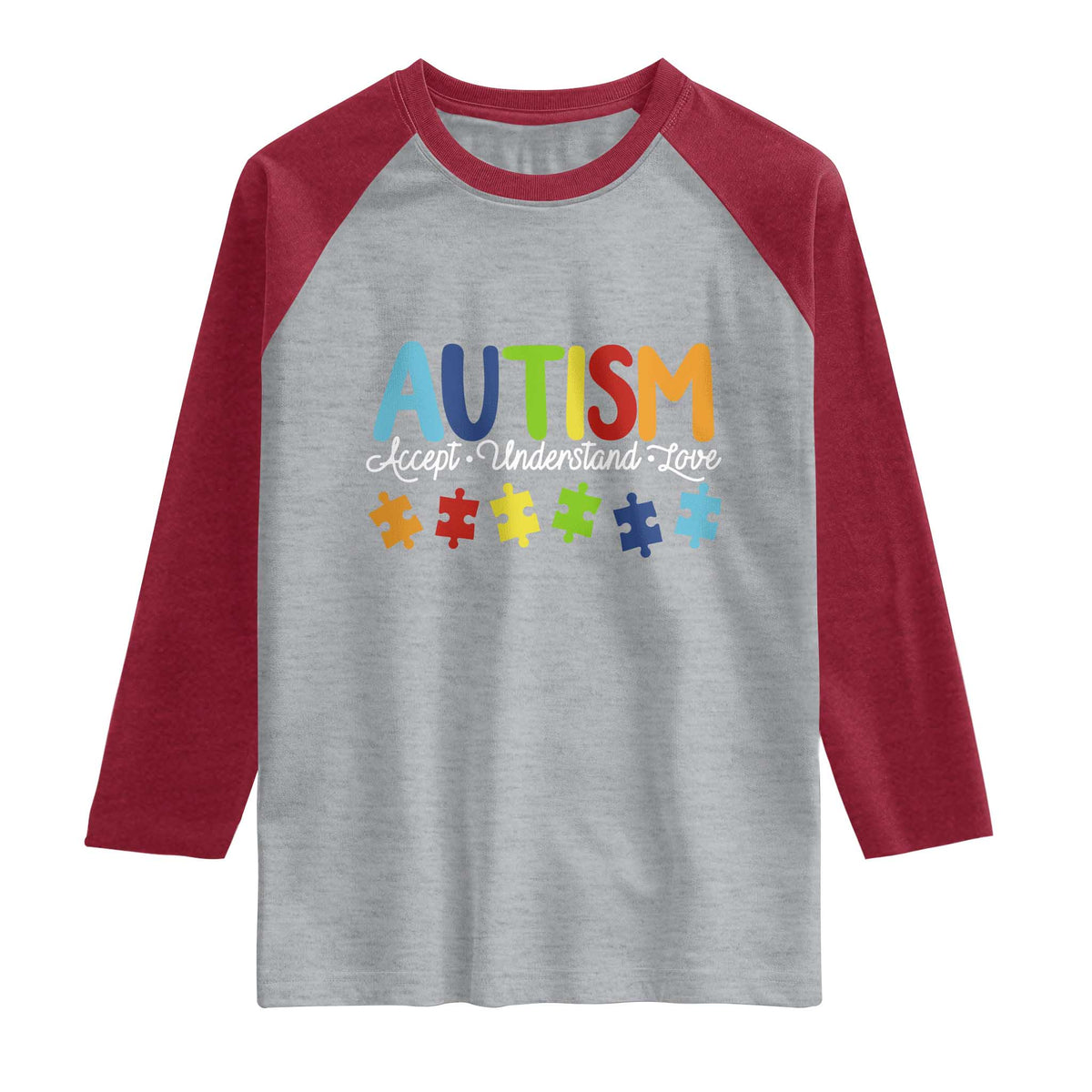 Autism Acceptance Raglan Shirt Accept Understand Love Special Education Teacher Gift TS14 Heather Gray Heather Red Print Your Wear