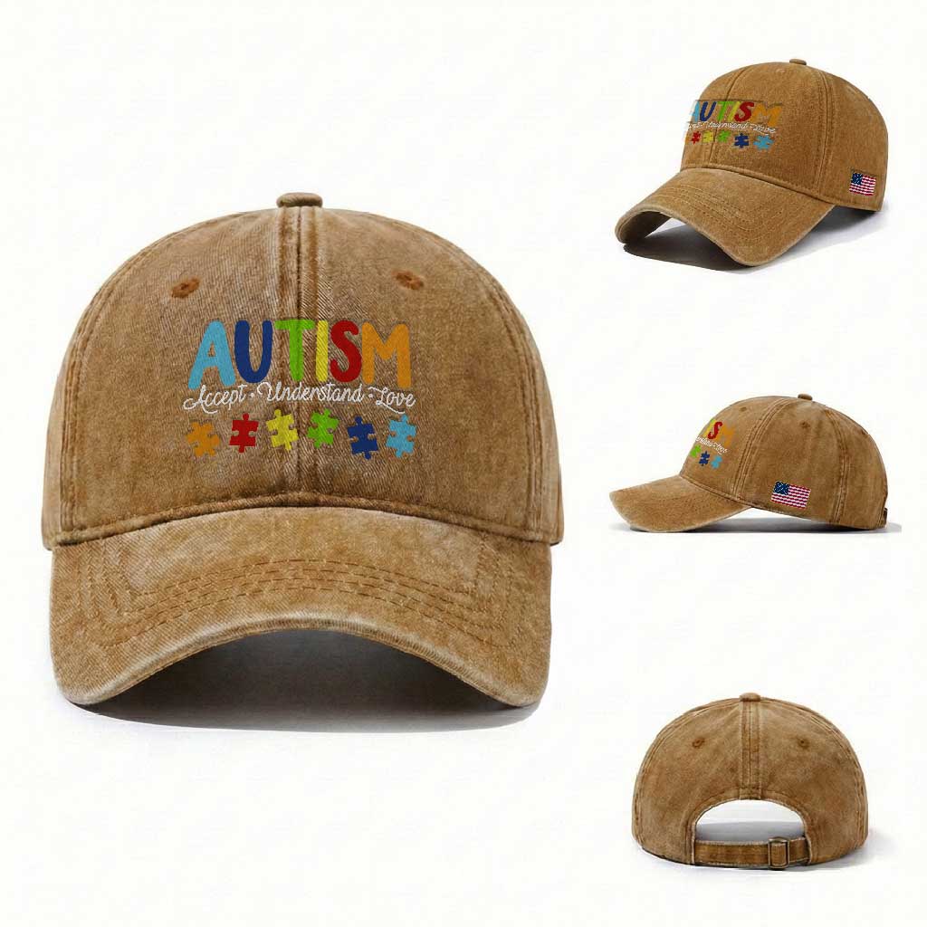 Autism Acceptance Washed Cotton Baseball Cap Accept Understand Love Special Education Teacher Gift TS14 Washed Cap Universal Fit Yellow Ochre Print Your Wear
