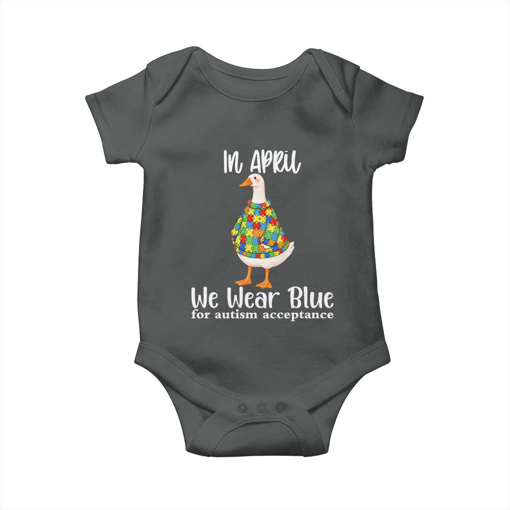 Funny Silly Goose Neurodivergent Support Baby Onesie In April We Wear Blue For Autism Acceptance TS14 Dark Heather Print Your Wear